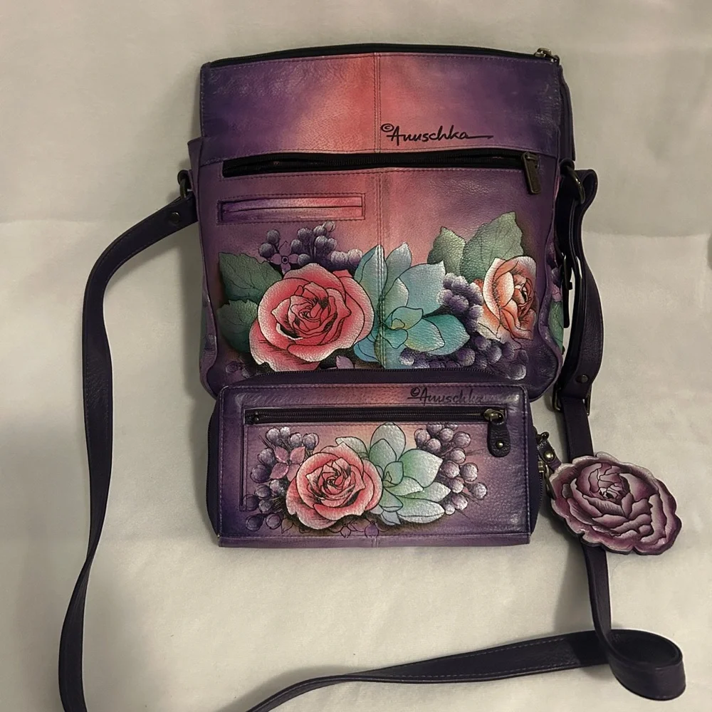 Anuschka Floral Purple Handbag and Wallet Set with bag charm and eyeglass pouch - Picture 2 of 14